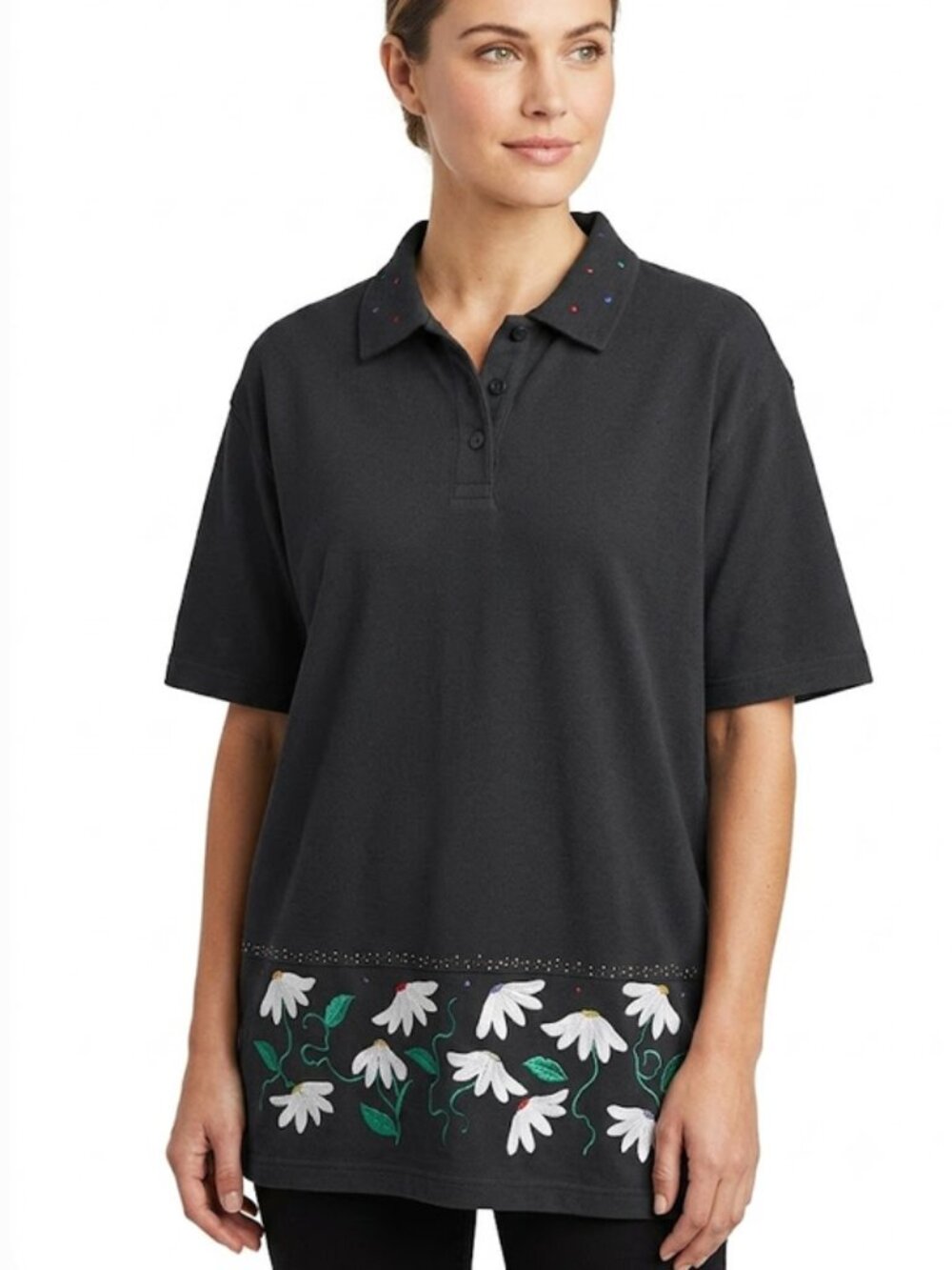 Bechamel SALE! Polo Shirt, Rich Black w Colorful Embroidery on Bottom, sz Large